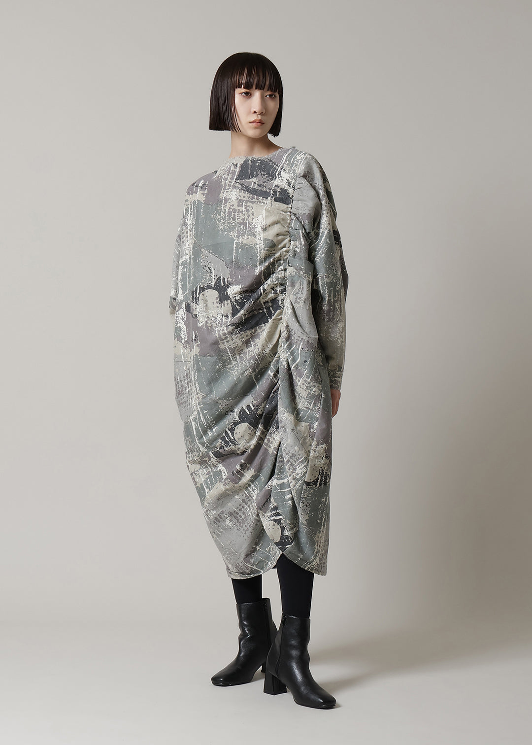 Yui Shirring OP Printed Wool Khadi